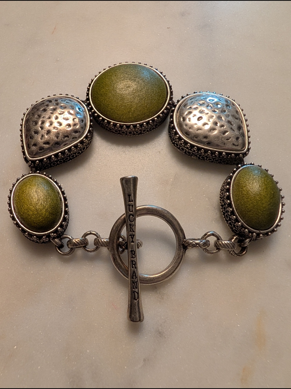 Lucky Brand Olive Green Wood Cabochon & Silver-Tone Toggle Bracelet Vintage